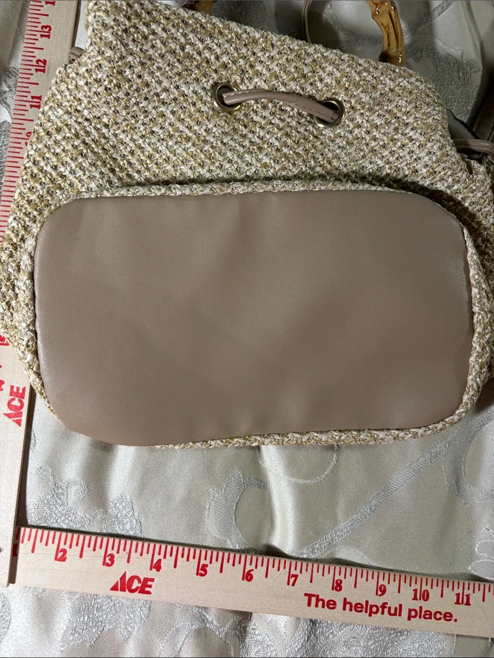 Woven Straw Crossbody Bag with Bamboo Handle - Taupe